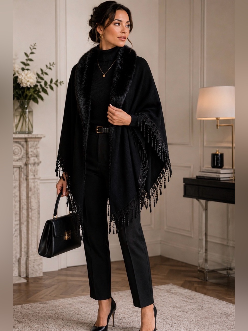 Feratelli Black Cape Poncho Faux Fur Collar Lace Fringe One Size